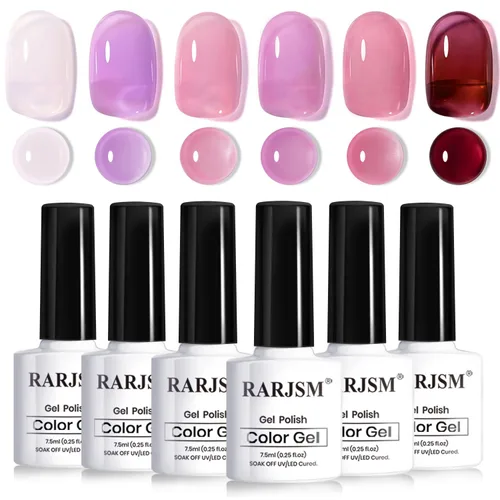 Miniatura 28 de RARJSM Juego de Esmaltes de Gel Nude Colección Jelly Pink de 6 Colores Naturales Transparentes Rosa Translúcido Lechoso Malva Morado Marrón Claro