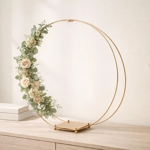 Miniatura 9 de Paquete de 3 centros de mesa de aro floral de metal doble de 12 pulgadas con soporte y alambre de paleta de 38 yardas, decoración de mesa para Dorado