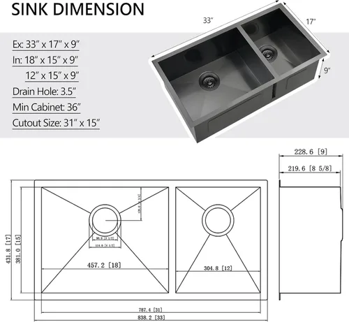 Miniatura 6 de Fregadero de cocina negro de 33 x 17 pulgadas con doble tazón, 33 x 17 x 9 pulgadas, calibre 16, acero inoxidable negro, montaje inferior