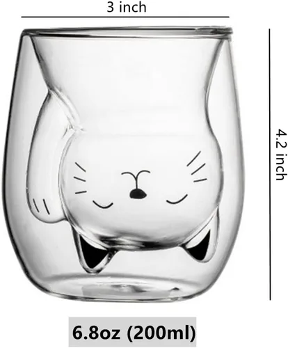 Miniatura 2 de ANSQU Linda taza de té de gato, tazas de café de doble pared de vidrio, vaso de chupito de espresso, taza de leche (6.8 fl oz/6.8 oz), regalos