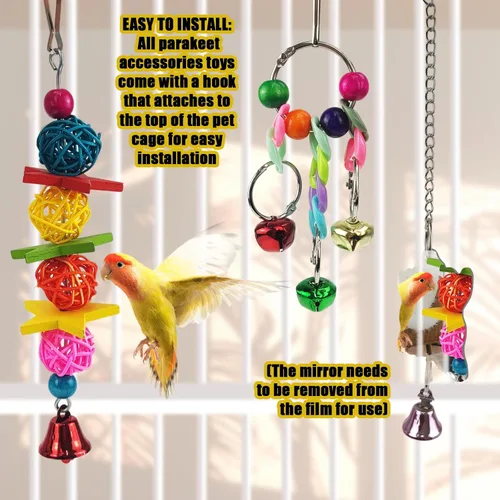 Miniatura 5 de Juguetes de periquitos, 7 piezas de juguetes coloridos para pájaros para periquitos, jaula de pájaros para mascotas, hamaca, escaleras, juguete