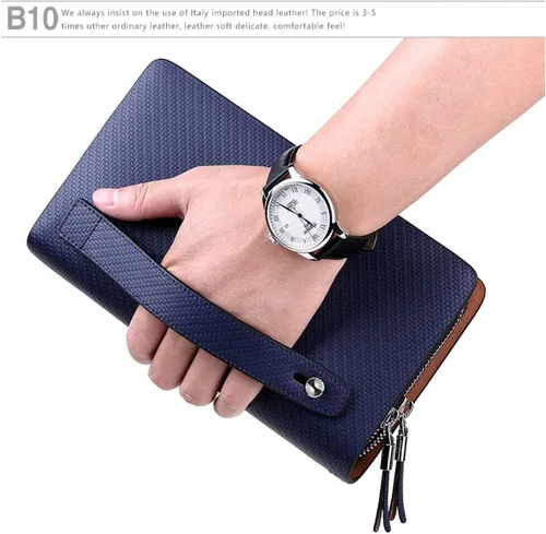 Miniatura 4 de VANNANBA Hombres Clutch Wallet Bolso de mano grande de cuero Bolso de mano de negocios con doble cremallera Azul Negro
