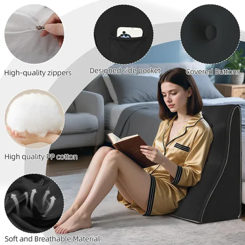 Miniatura 5 de Almohada de cuña de cama para cabecero, juego de cuña triangular para sentarse en la cama, reflujo ácido, poscirugía y ronquidos (terciopelo negro)