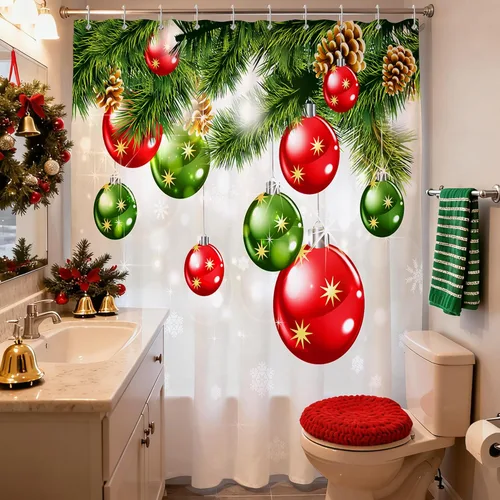 Miniatura 2 de BROSHAN Cortina de ducha de baño de Navidad, juego de cortinas de ducha de Navidad de tela con patrón de adornos verdes y rojos, decoración de baño