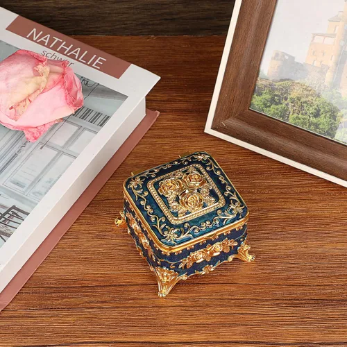 Miniatura 9 de Hipiwe Caja de Joyería de Metal Vintage - Pequeño Organizador de Baratijas Caja para Anillos con Patrón de Rosas, Caja de Almacenamiento de Joyas