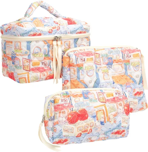 Miniatura 33 de PAZIMIIK - Bolsa de maquillaje de algodón para mujer, grande, acolchada para viaje, Rosa (Bow Pink), Vintage
