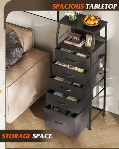 Miniatura 4 de WLIVE Cómoda de tela negra para dormitorio, mesita de noche alta con 5 cajones y 2 estantes abiertos, moderno organizador de mesita de noche, mesita
