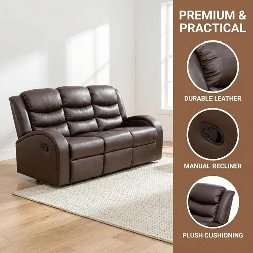 Miniatura 3 de Juego de sofá reclinable de 3 piezas, juego de muebles de sala de estar, sofá reclinable seccional de cuero, sofá reclinable manual, cómodo asiento