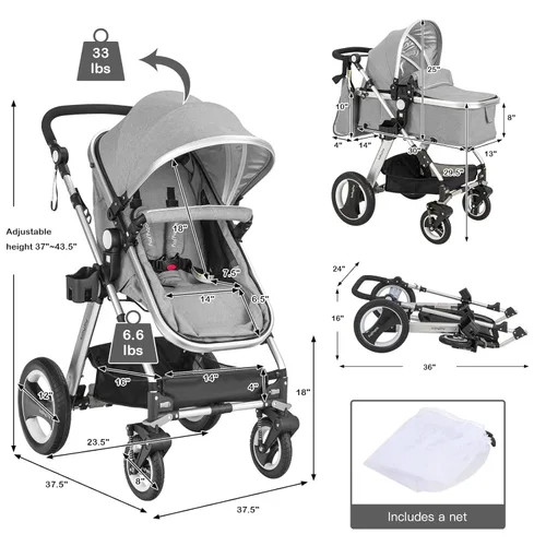 Miniatura 6 de BABY JOY Cochecito de bebé, cochecito reclinable convertible 2 en 1, cochecito plegable con arnés de 5 puntos, incluye soporte para tazas, funda Gris