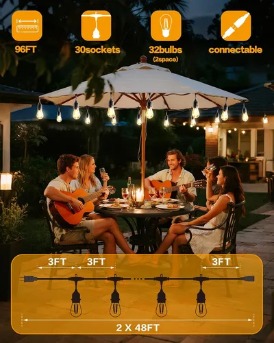 Miniatura 4 de Luces de Cadena para Exteriores, LED Súper Brillantes - 96 PIES 30 Bombillas S14 (2 de Repuesto), IP65 Resistente al Agua, Grado Comercial e