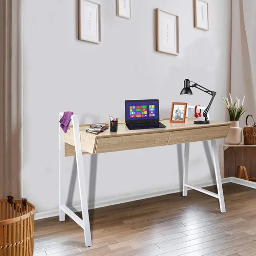 Miniatura 2 de LUCKYERMORE Escritorio para computadora de oficina en casa, mesa de pie de madera de roble de 50 pulgadas con 2 cajones, escritorio de estudio