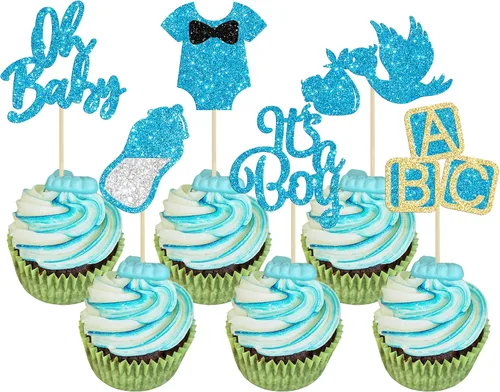 Miniatura 17 de 24 piezas de decoración para cupcakes de baby shower Oh Baby con moño, botella para niño, azul profundo, purpurina para pasteles, decoraciones