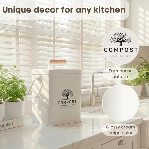Miniatura 4 de PERFNIQUE Contenedor de compost de cocina, contenedor de compostaje para encimera de 1.7 galones con tapa, contenedor de compost interior incluye 2