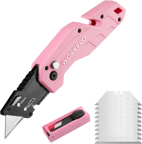 Miniatura 9 de WORKPRO Cuchillo utilitario plegable, hoja de cambio rápido, mango de nailon ligero, cortador de utilidad con 10 cuchillas adicionales Rojo