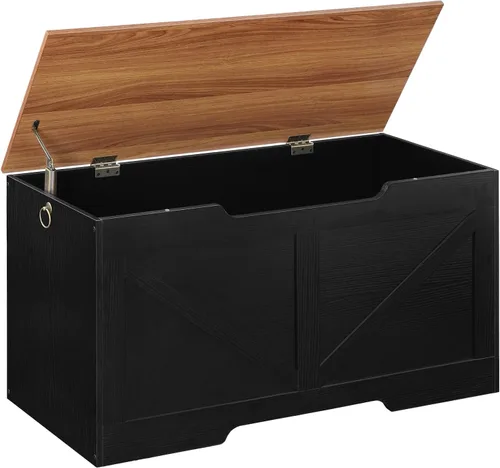 HOOBRO Banco de almacenamiento, baúl de almacenamiento de madera retro de 39.4 pulgadas con tirador recortado en forma de U, bisagra de seguridad,