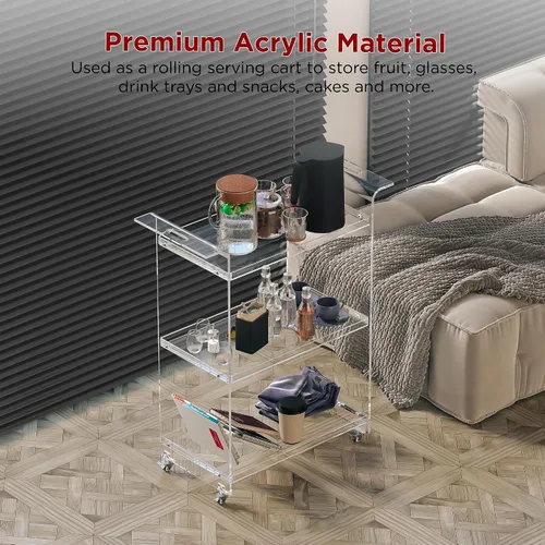 Miniatura 5 de Dethan Carrito de barra de acrílico – Carrito de servicio transparente de 3 niveles con ruedas bloqueables, moderno carrito de bar transparente