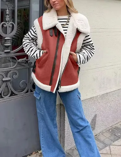 Miniatura 4 de APAFES Chaleco de gamuza de piel de invierno para mujer, cuello alto, sin mangas, forro polar