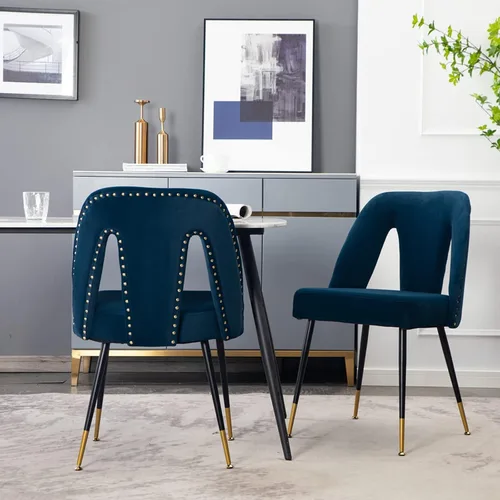 Miniatura 6 de Aoowow Juego de 2 sillas de comedor modernas, sillas laterales tapizadas de terciopelo con cabezas de clavos y patas de metal negro con punta Azul