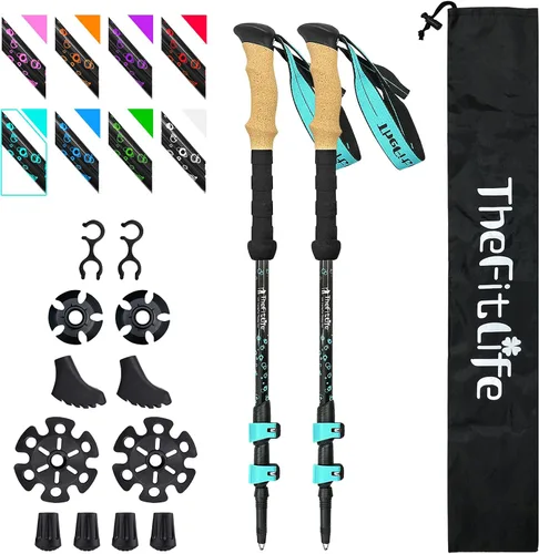 Miniatura 13 de Bastones de senderismo de fibra de carbono TheFitLife – Bastón de senderismo plegable y telescópico con mango de corcho natural y empuñaduras EVA