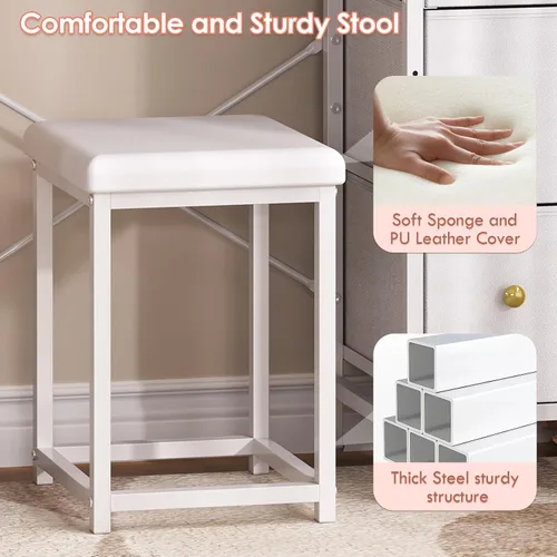 Miniatura 4 de Escritorio pequeño de 27.5 pulgadas con espejo y silla, juego de tocador de maquillaje compacto con silla, tocador pequeño con 3 cajones de tela