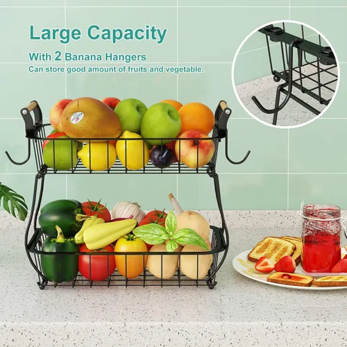 Miniatura 2 de ANTOPY Canasta de frutas de 2 niveles con 2 colgadores para plátanos, Cesta de frutas y verduras para encimera de cocina, Tazón de metal con alambre