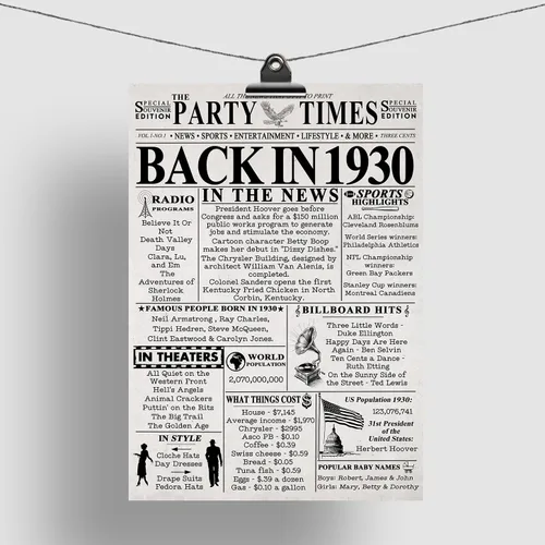 Miniatura 5 de Póster de cumpleaños 96 sin marco, periódico Back In 1930, regalos de feliz cumpleaños 96 para hombres y mujeres, vintage, retro, nacido en 1930