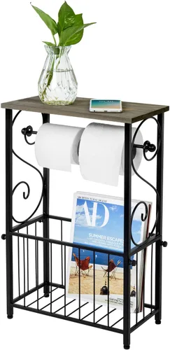 MyGift Soporte para rollo de papel higiénico y estante organizador de revistas con estante de exhibición de madera maciza gris, almacenamiento de