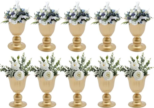 Miniatura 31 de Juego de 10 portavelas de metal dorado de 10.2 pulgadas de alto, florero, arreglo floral, candelabro, candelabro, portavelas para bodas, fiestas