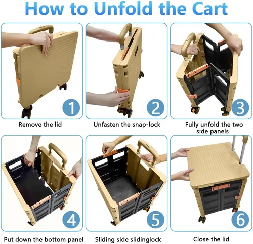 Miniatura 3 de Carrito plegable con ruedas, resistente al desgaste, sin ruido, carrito de compras con ruedas para comestibles, caja de herramientas de Caqui