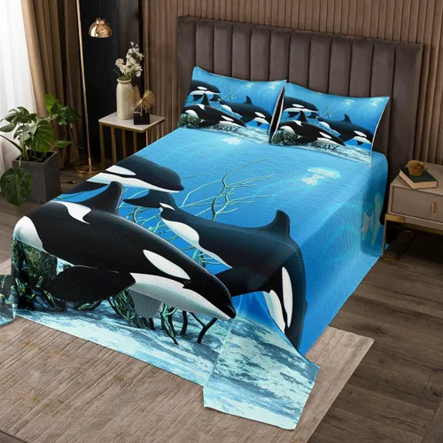 Juego de colcha de ballena asesina Orcinus Orcas, medusas del mundo submarino, acolchado para niños y niñas, animales marinos profundos, vida Multi