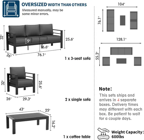 Miniatura 4 de UDPATIO Juego de muebles de aluminio para patio, juego de 4 piezas para conversación al aire libre con fundas impermeables, sofá modular moderno