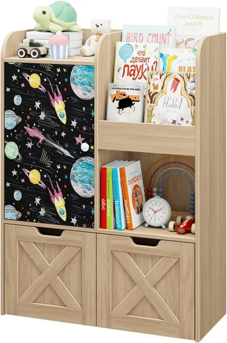 Miniatura 8 de Organizador de almacenamiento de juguetes para niños con rincón de lectura, estantería de madera para niños con pizarra y 2 cajones móviles, Roble