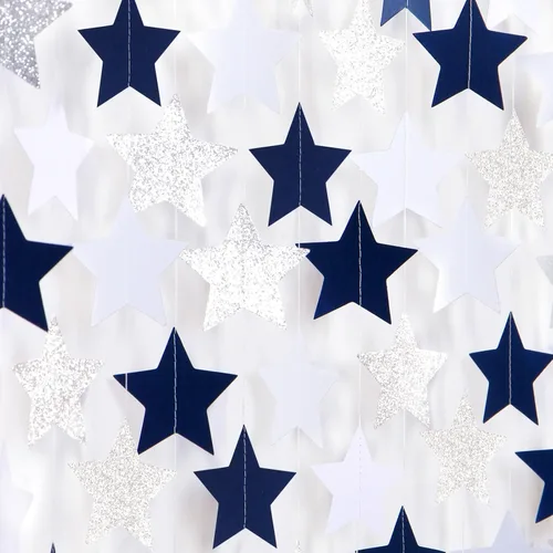 Miniatura 15 de Guirnalda de decoración de cumpleaños y graduación en negro y plata - 18.9 metros de serpentinas brillantes con purpurina y estrellas colgantes