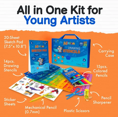 Miniatura 3 de Mimtom Kit de plantillas de dibujo para niños, juego de arte de 51 piezas con más de 240 formas, bloc de bocetos y lápices