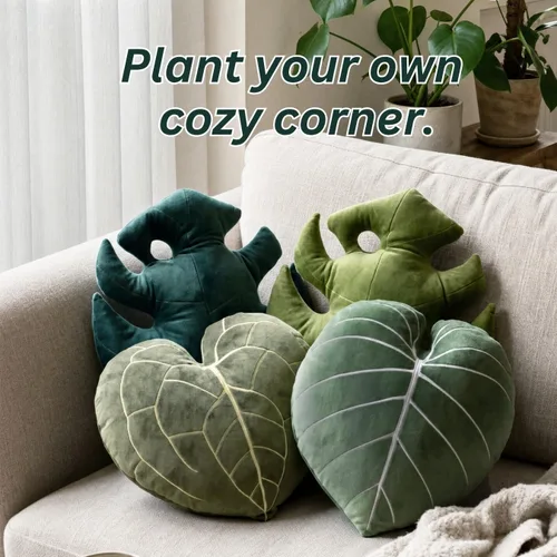 Miniatura 7 de Green Philosophy Co. Almohada de hojas de Monstera - Tierra Musgosa - Almohada de felpa grande y suave con forma de planta para sofá, cama o rincón