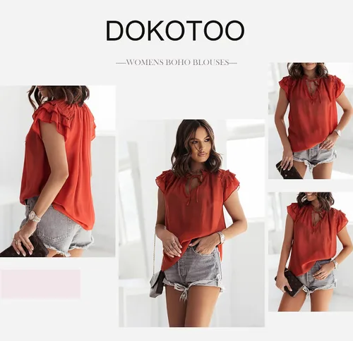 Miniatura 4 de Dokotto - Blusas informales con cuello en V para mujer diseño de manga corta con cordón ajustable