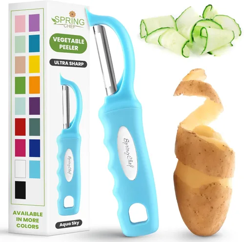 Miniatura 24 de Spring Chef Pelador de verduras giratorio profesional rojo para cocina, peladores de papas de acero inoxidable con mango de agarre suave, perfecto