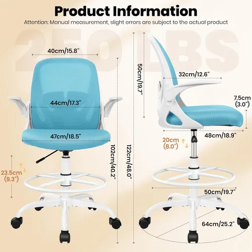 Miniatura 3 de Primy Silla de Dibujo Silla Alta de Oficina con Reposabrazos Abatibles Silla Ejecutiva Ergonómica de Computadora para Escritorio de Pie con Soporte