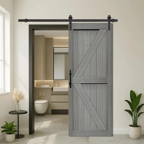 Miniatura 9 de S&Z TOPHAND® Puerta de granero doble de MDF de 18 x 84 pulgadas con kit de herrajes para puerta corredera de 6 pies, tablero sólido de puerta