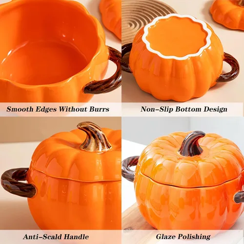 Miniatura 7 de Olla holandesa con tapa, cacerola de postre de cerámica de calabaza, mini fuente para hornear, lindo cuenco de calabaza, olla holandesa de cerámica