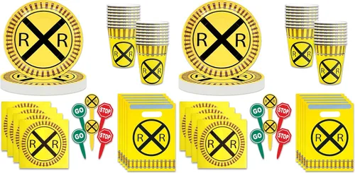 Miniatura 8 de Havercamp 88 platos de ferrocarril y decoraciones de fiesta para 16 platos de 9 pulgadas, servilletas, tazas de 12 onzas, bolsas de botín, palillos