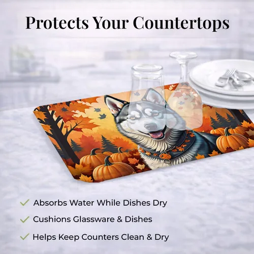Miniatura 7 de Caroline's Treasures DAC1074DDM - Tapete de secado de platos de otoño siberiano Husky absorbente, tapete para secar platos para encimera de cocina