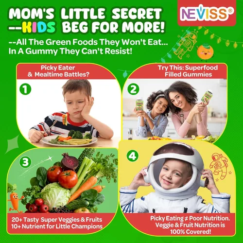 Miniatura 3 de NEVISS Multivitamínico para niños y adolescentes de 4 a 17 años con hierro Omega3 D3K2, Picky Eater Vitamin Super Greens Gomitas, frutas orgánicas