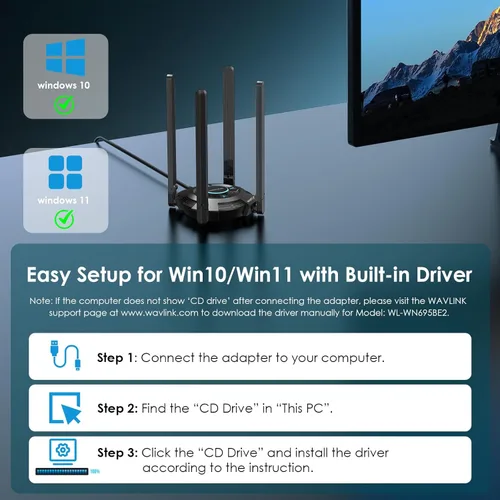Miniatura 6 de Adaptador WiFi USB para PC de escritorio, WAVLINK Tri-Band BE6500 WiFi 7 adaptador con antenas de alta ganancia de 2.4 GHz/5 GHz/6 GHz, WPA3, MLO
