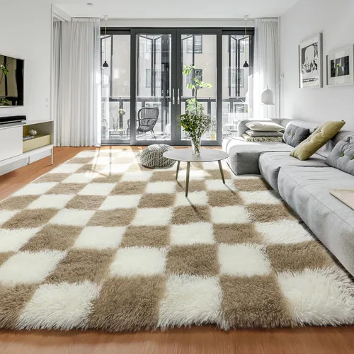 Miniatura 70 de KICMOR - Tapete a cuadros afelpado, peludo, mullido, color beige y blanco crema, pequeño, de 2 x 3 pies, para dormitorio, sala, junto a la cama