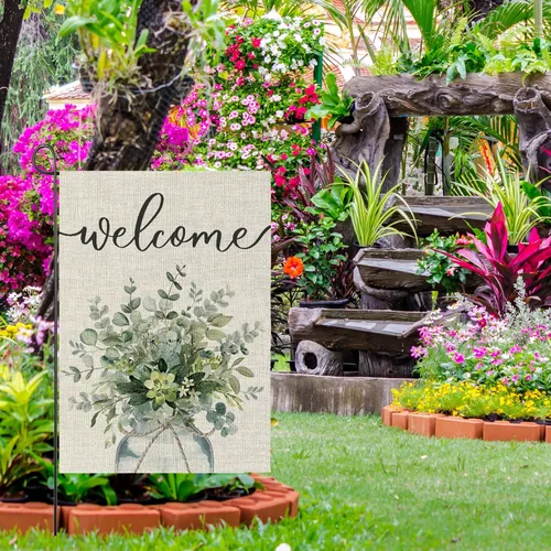 Miniatura 6 de Bandera floral de bienvenida de verano para jardín, primavera y verano, hojas de eucalipto, bandera grande de doble cara, flores de temporada