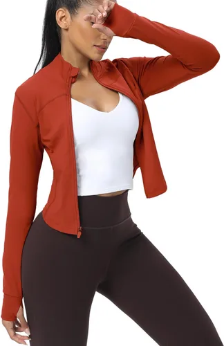 Miniatura 95 de AVGO Chaquetas de entrenamiento recortadas para mujer, con cremallera, ajustadas, atléticas, con agujeros para el pulgar