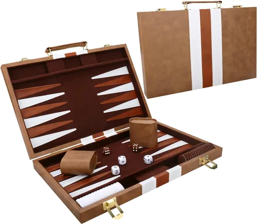 Miniatura 8 de Juego de Backgammon - Juego de mesa clásico con funda de cuero de primera calidad - Juego de estrategia de viaje portátil de backgammon para adultos