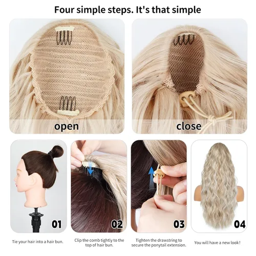Miniatura 4 de Extension de cola de caballo con cordón de 26 pulgadas para mujer, extensiones de cola de caballo largas y onduladas, extensiones de cabello