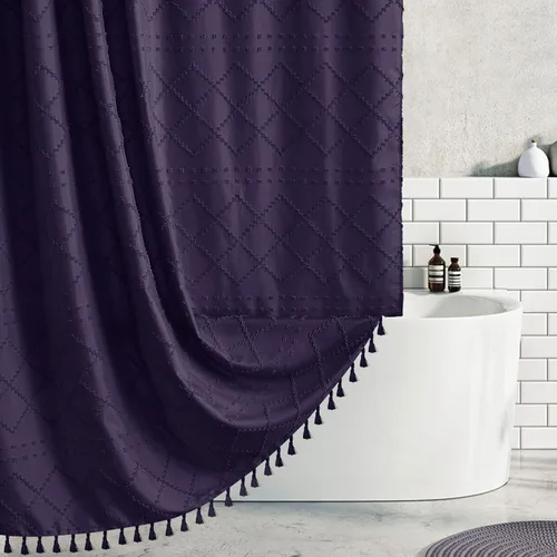 Miniatura 24 de Siiluminisoy Cortina de ducha bohemia rosa con textura y borlas de 72 x 72 pulgadas con tul, cortina de ducha de chenilla tejida con rayas chevrón